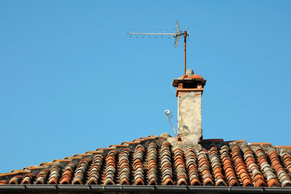 an old tv antenna on the roof of an Italian house