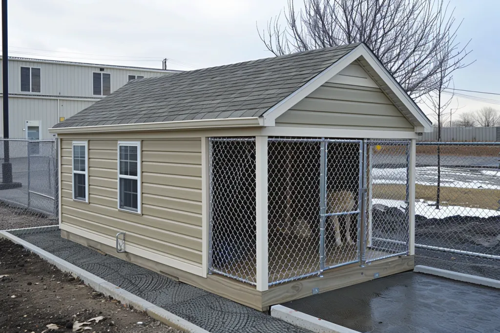 an outdoor dog house with chain link fence