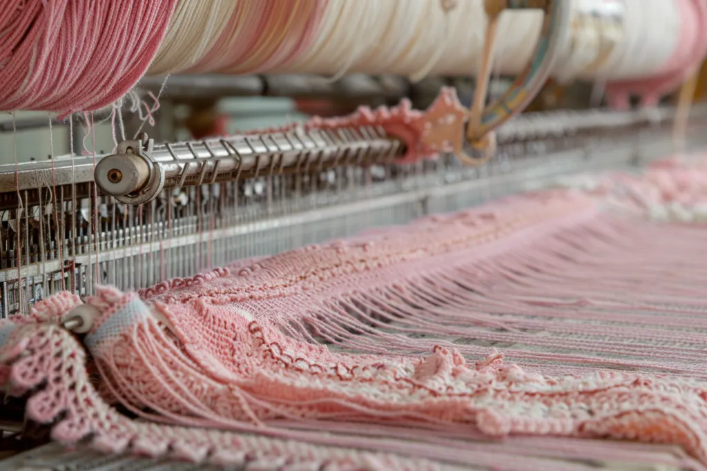 closeup of knitting machine with pink yarn and lace