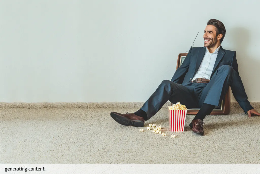 photo of happy man in suit with TV and popcorn