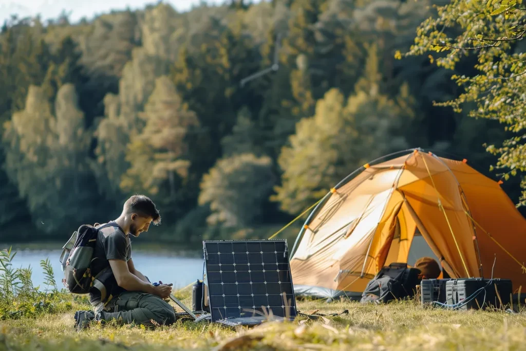 Fotografía de energía solar en un entorno de acampada.