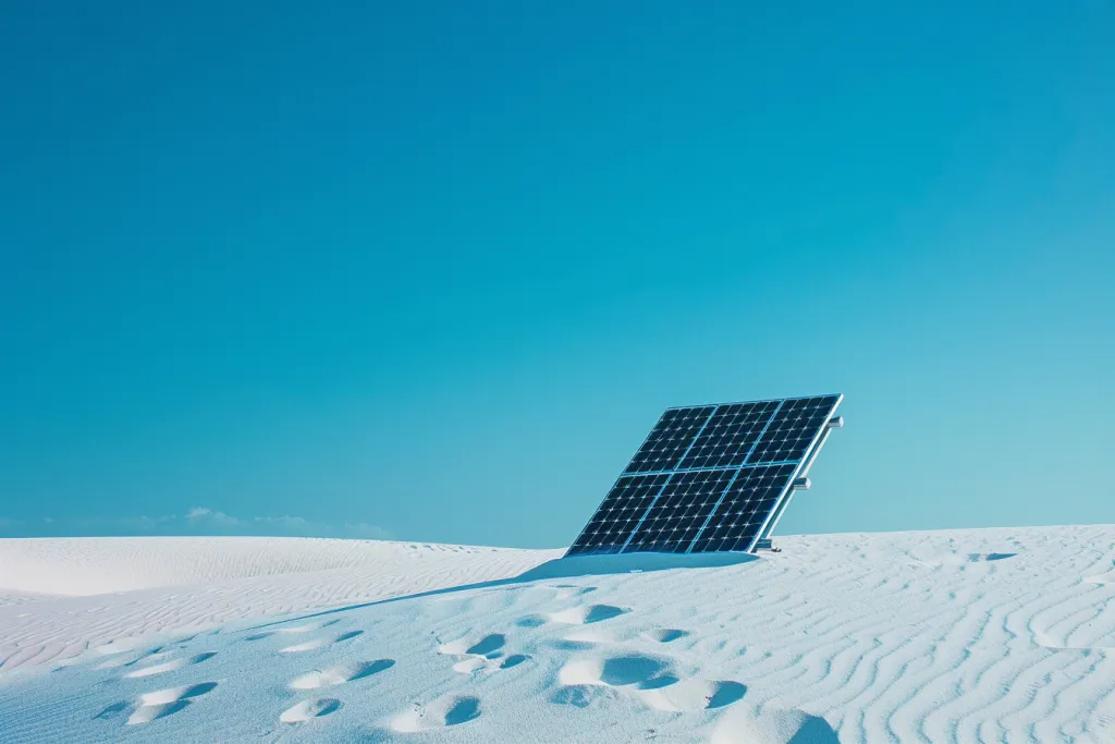 photograph of solar panel and battery pack on white sand desert