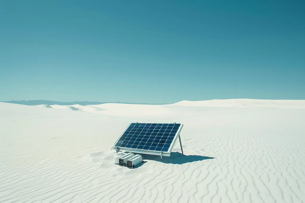 photograph of solar panel and battery pack on white sand desert