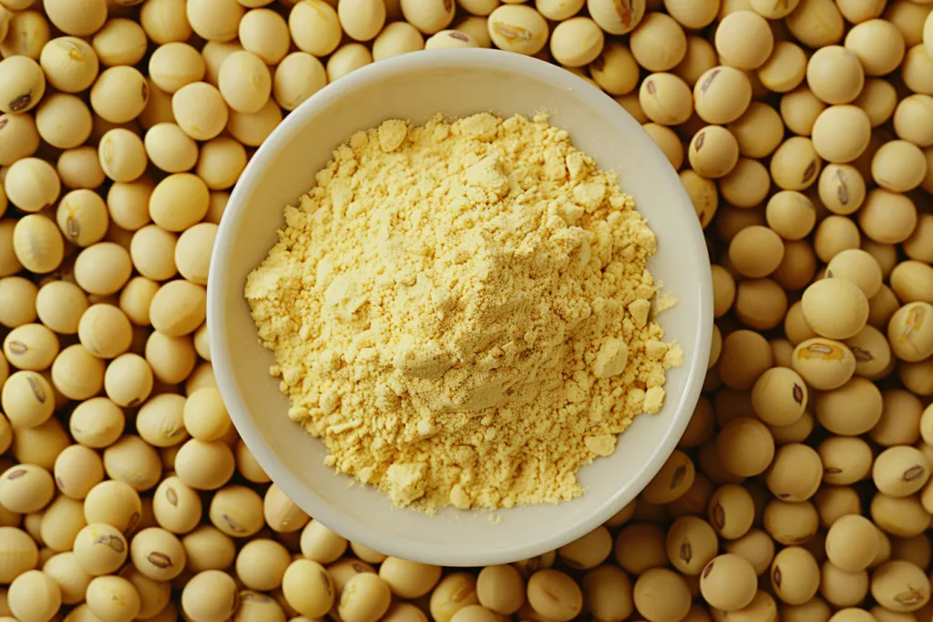 product photo of yellow soya powder in white bowl on top of many soy beans
