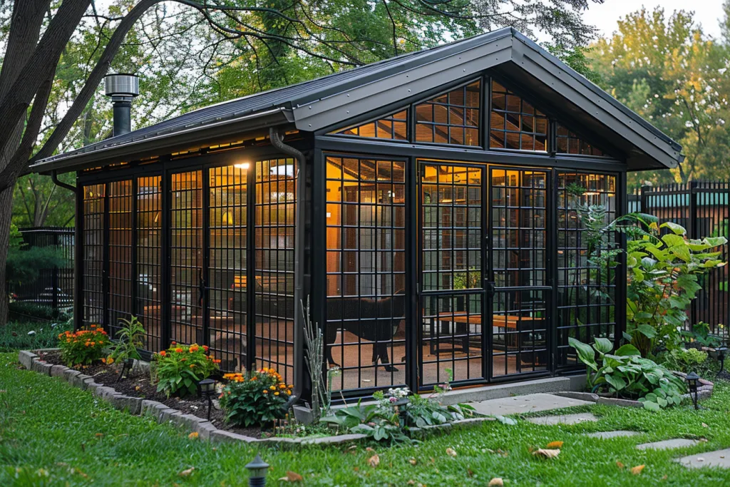the dog pen with roof is made of steel and has an open top cover
