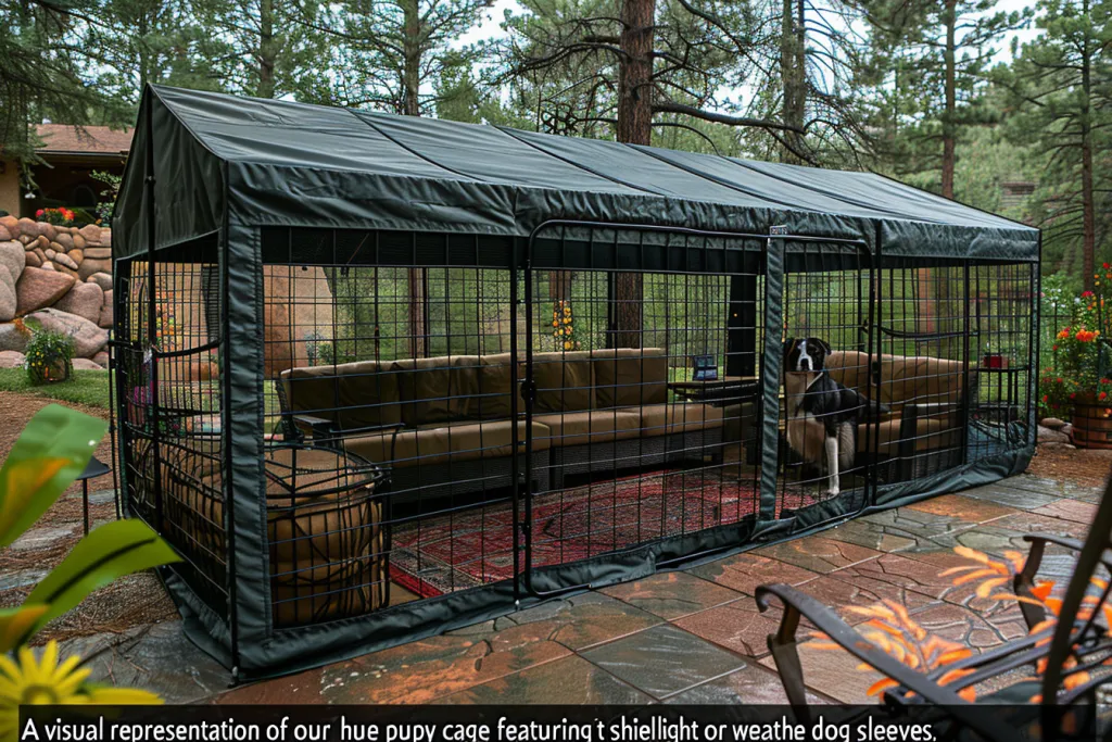 this large outdoor dog pen has an extra wide roof