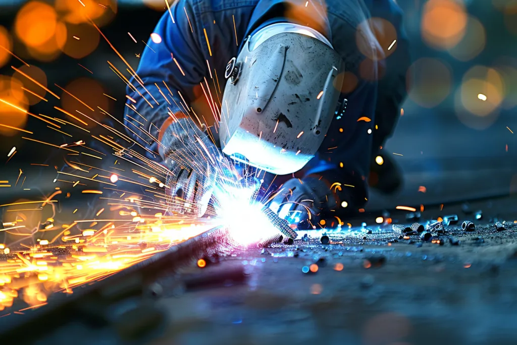 a man is welding in action with sparks flying

