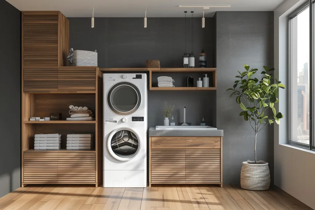 a modern laundry room with wooden cabinets, a washing machine and dryer
