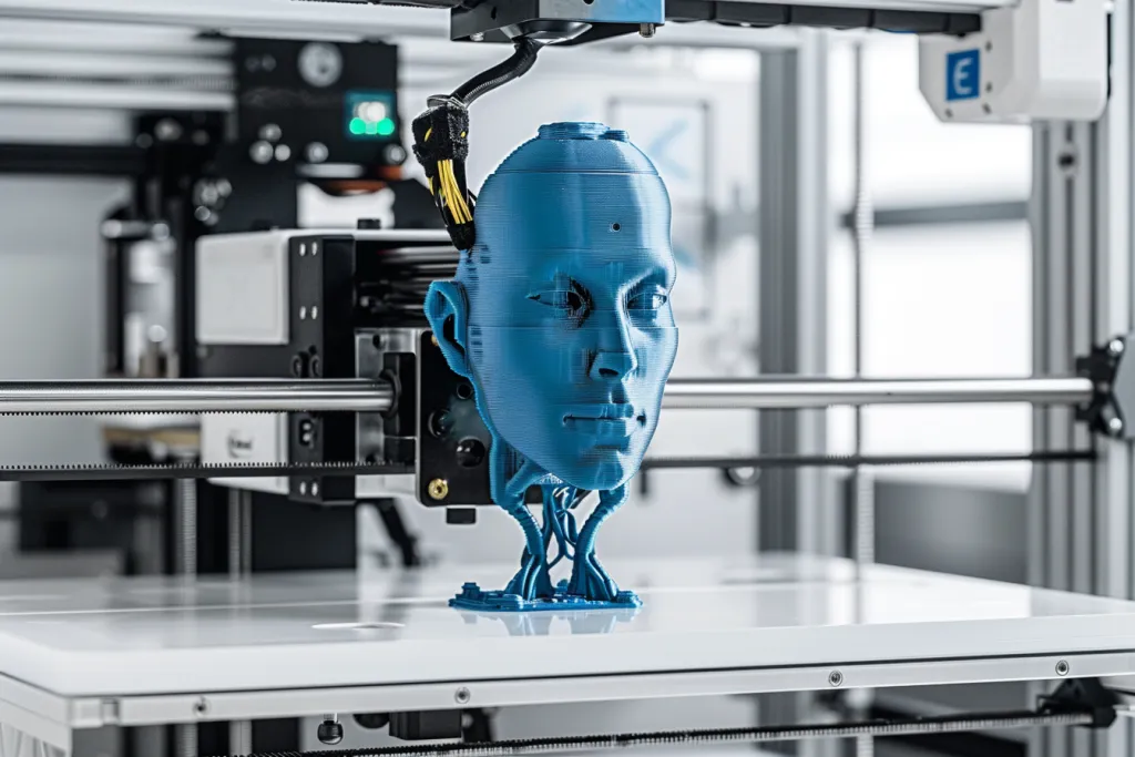 A 3D printer with a blue head statue on a white background