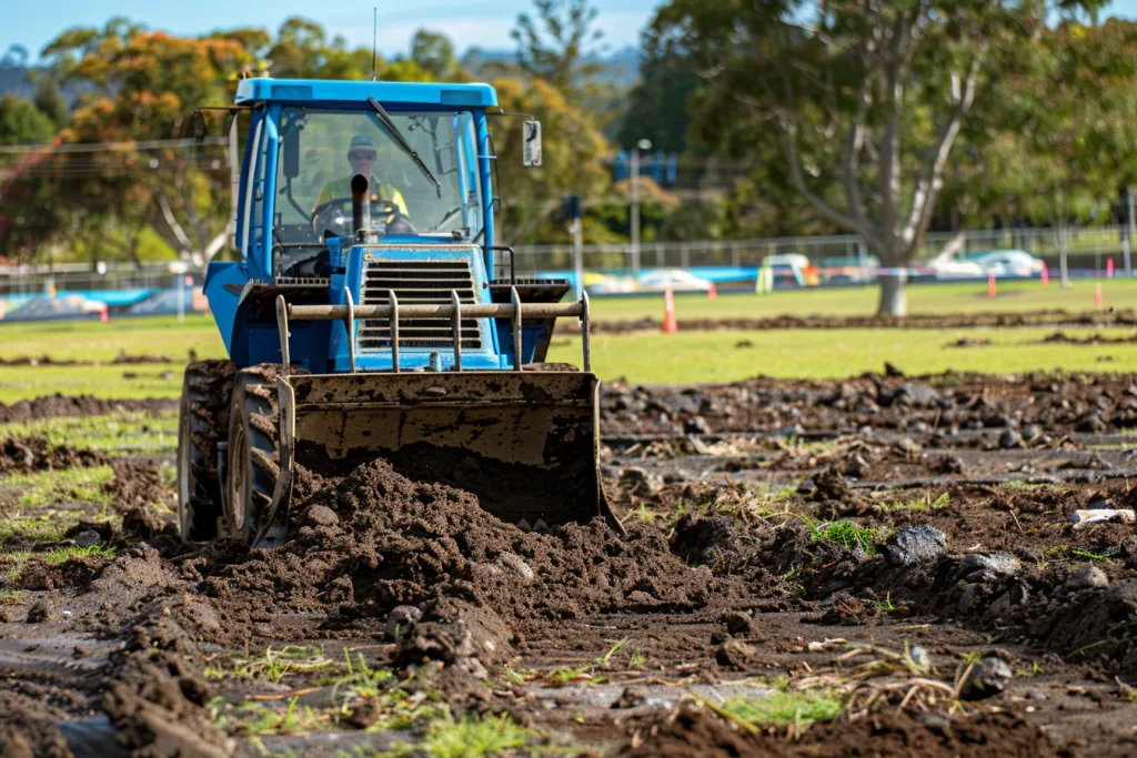 a skidsteer is clearing black loam soil