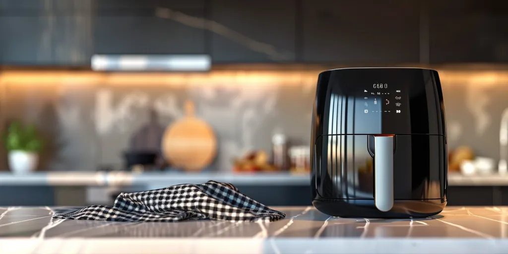 A black air fryer sits on the kitchen counter