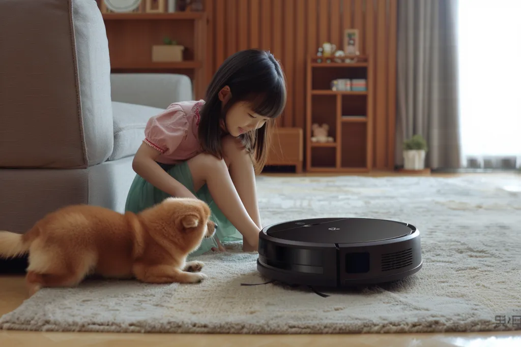 A Roomba is on carpeted ground