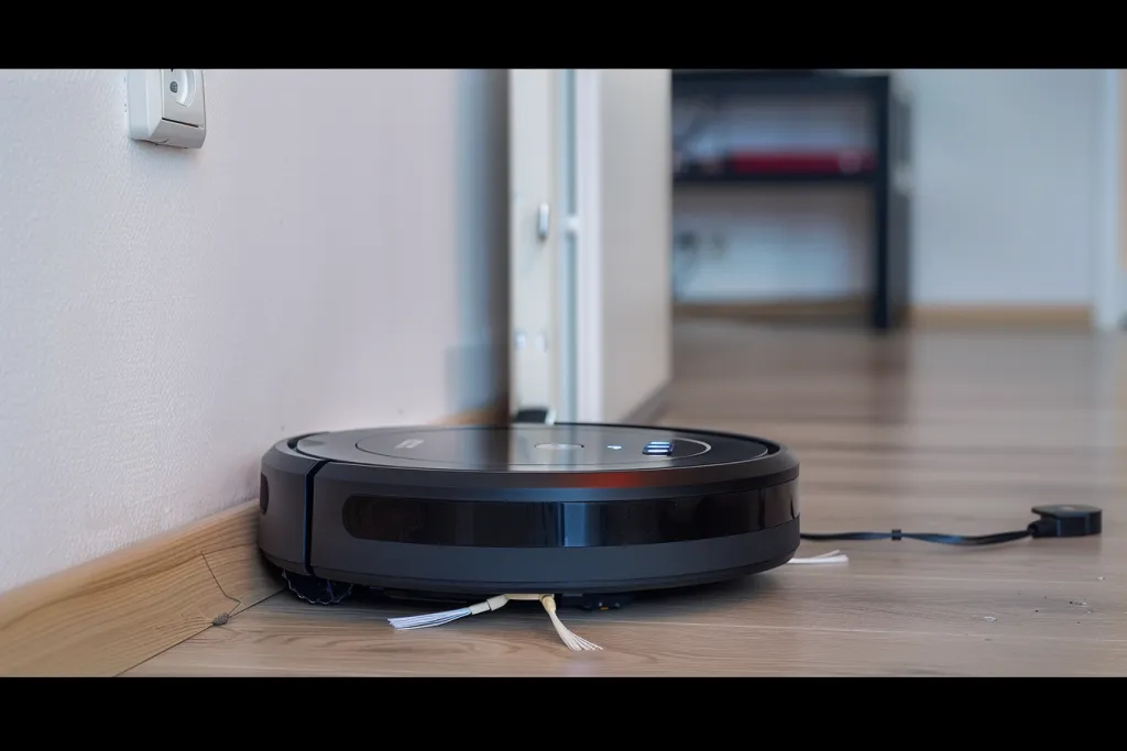 A black robot vacuum cleaner charging at the wall