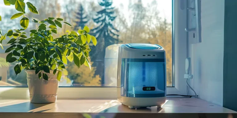 A blue and white dehumidifier sat on the table