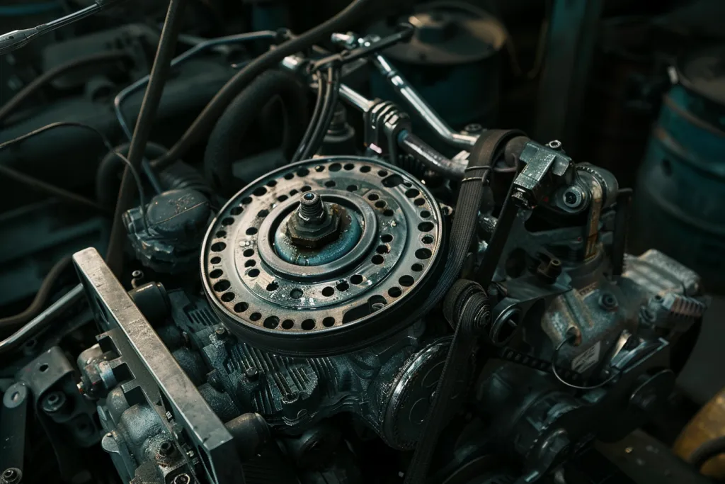 A car engine with the various components such as a serpentine belt