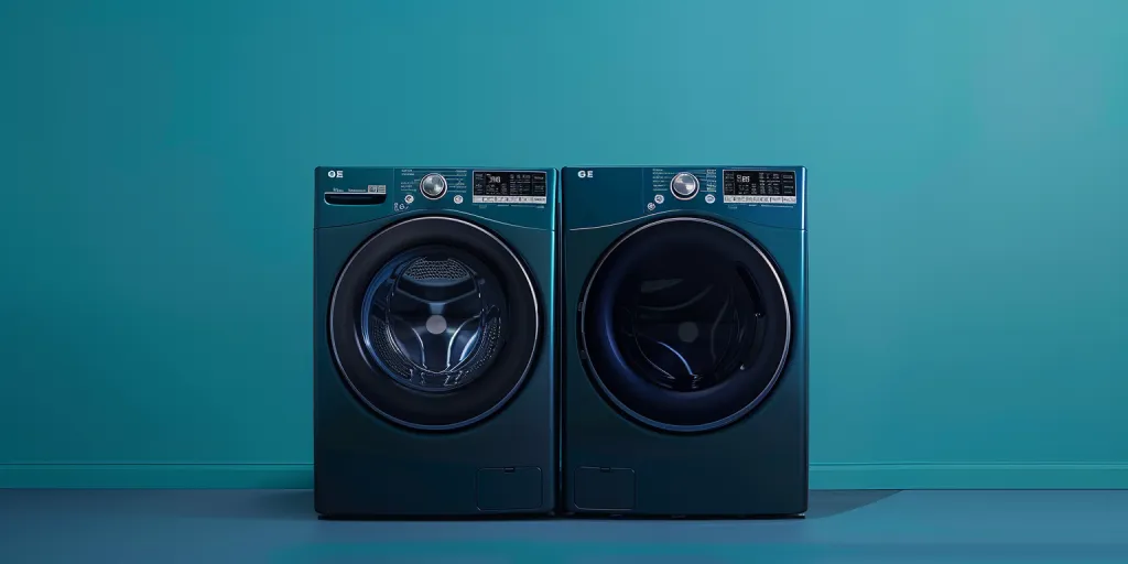 A front view of two GE smart washers and dryer
