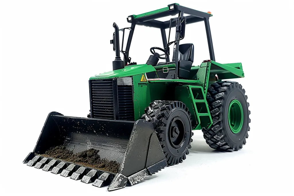 A green and black skid steer with its front end open on a white background
