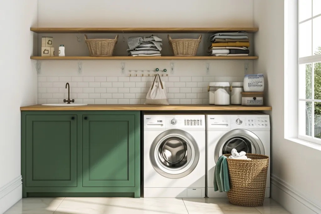 A green cabinet in the corner of a white laundry room with two washers and dryers