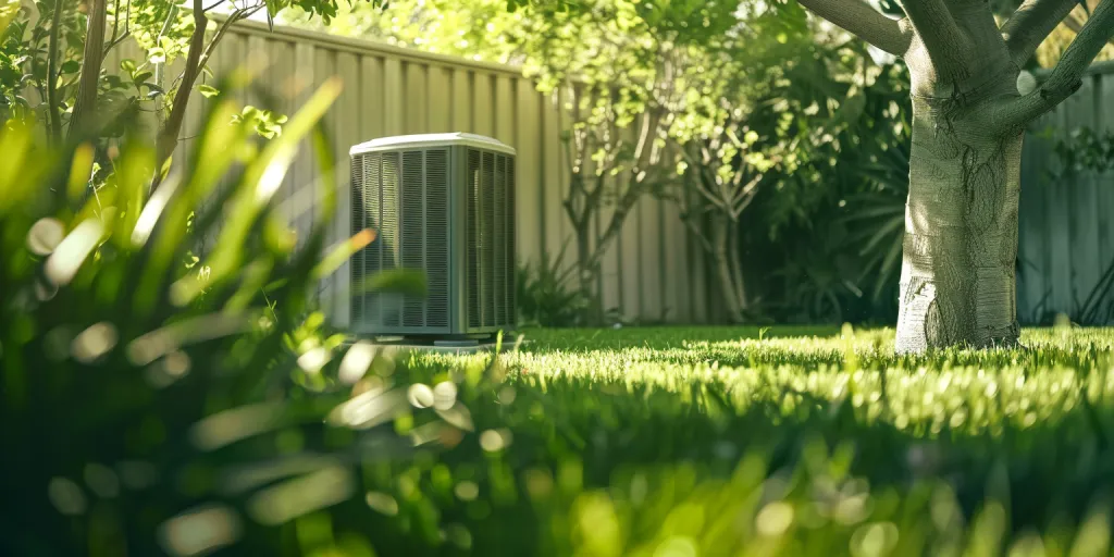 A high-contrast photo of an outdoor air conditioner unit in the backyard
