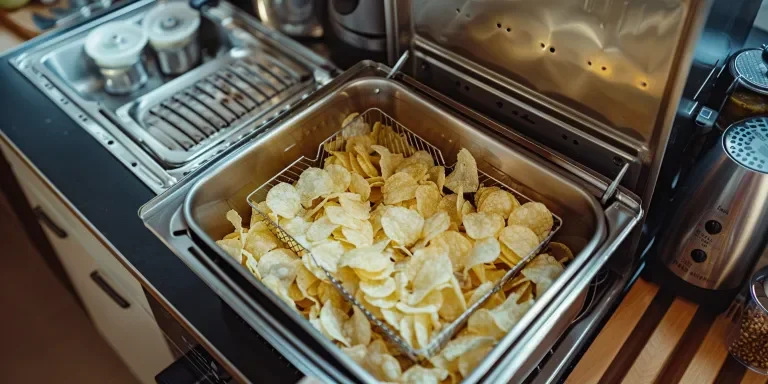 A large deep fried mesh basket filled with white cheese potato chips