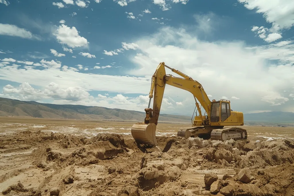 A large yellow excavator is digging in the ground