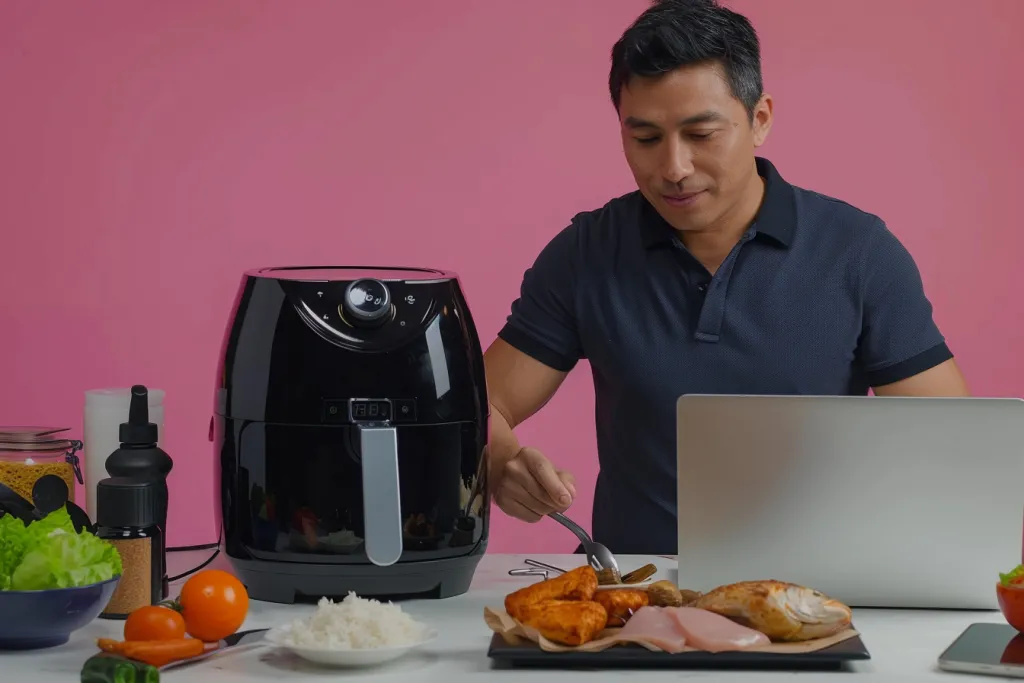 A man in his thirties, wearing dark blue polo shirt and jeans is using an air fryer