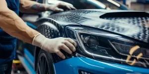 A man is applying car wrap film to the front of his blue vehicle