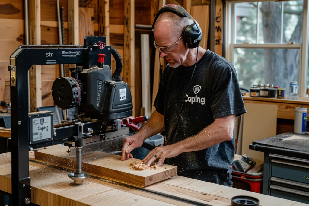 A man is using the BandSaw for scarfmaster to cut wood