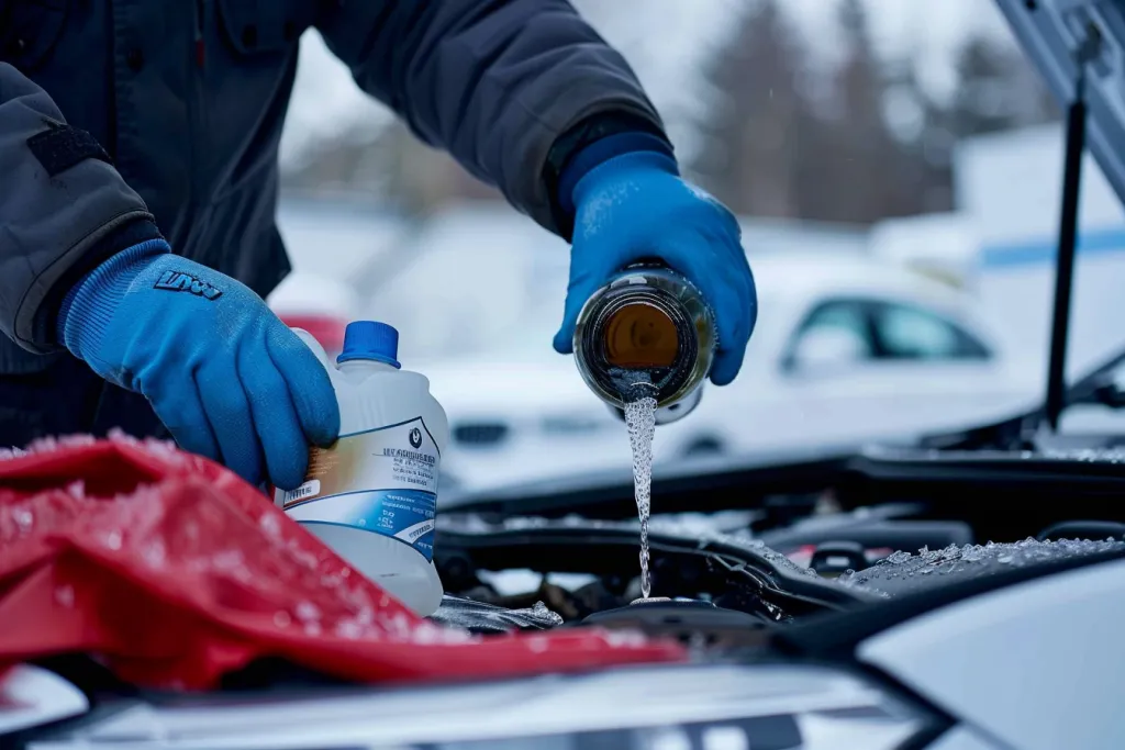 A mechanic is holding a brake fluid container 