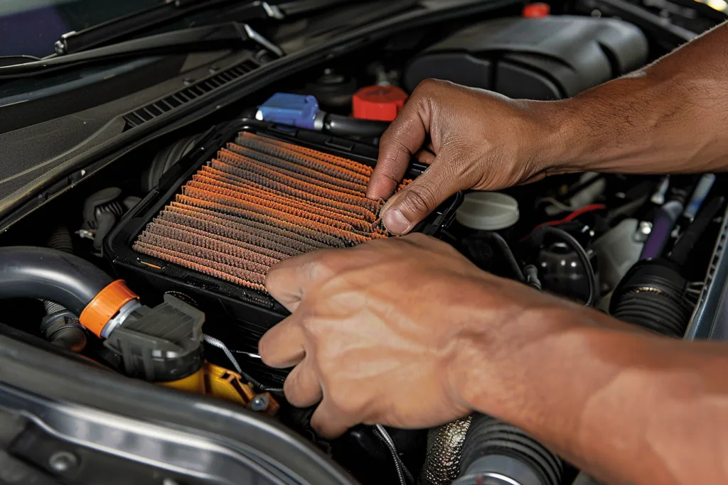 A mechanic is holding an air filter and removing it from the engine bay of his car
