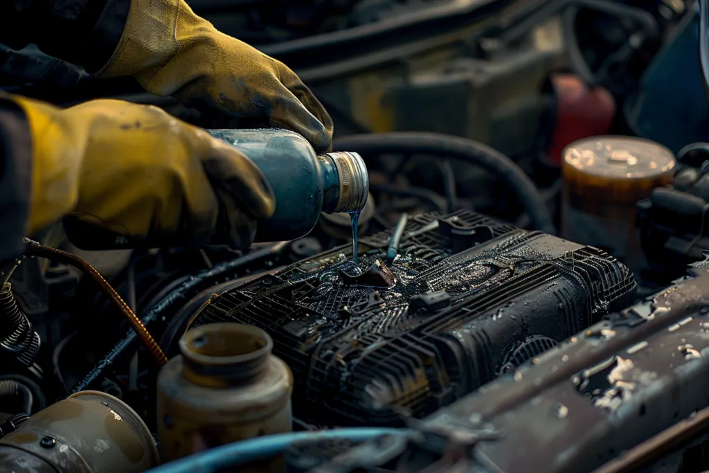 A mechanic wearing gloves is pouring brake fluid