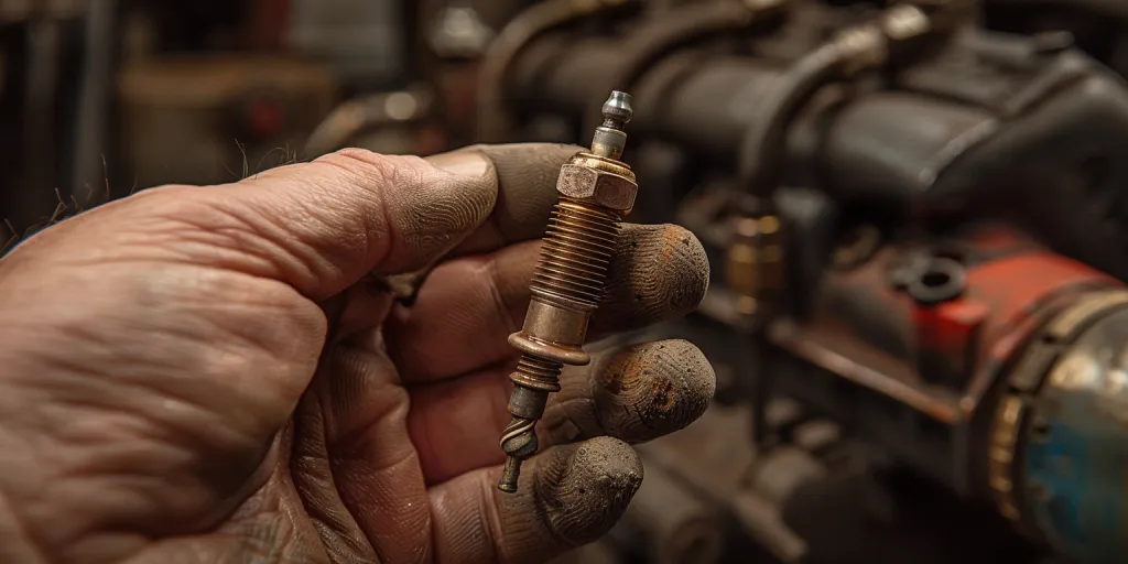 A mechanic's hand holding an old, dirty spark plug