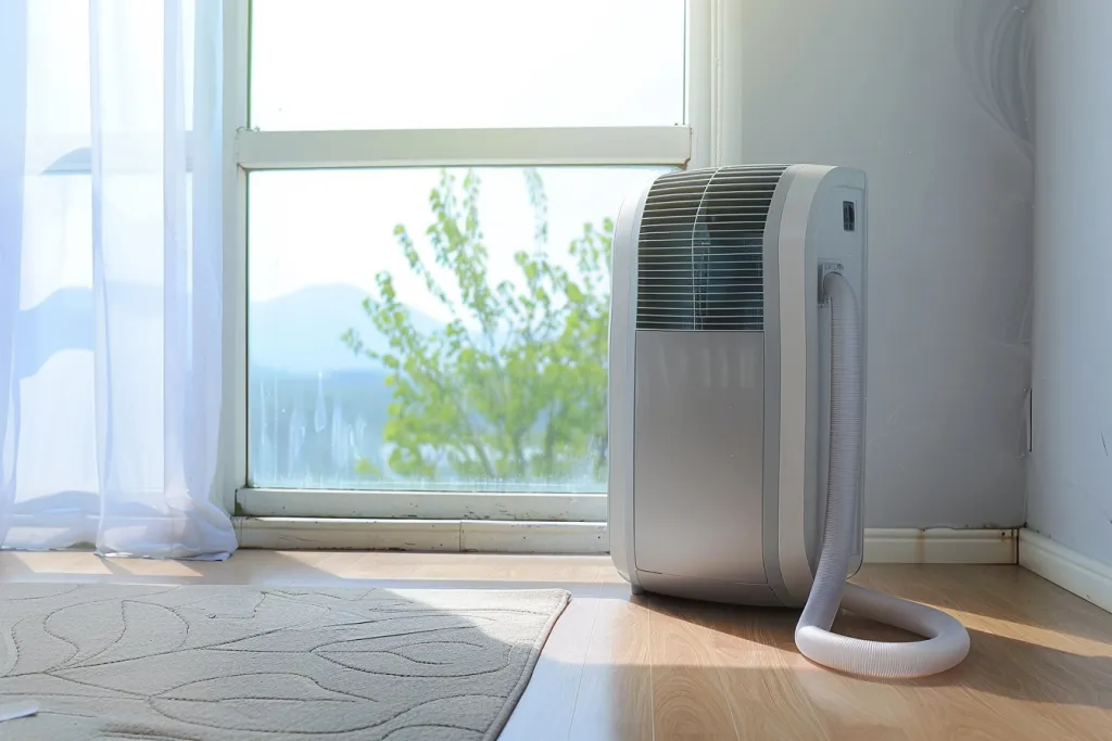 A mobile air conditioner is connected to the window with an inflatable tube