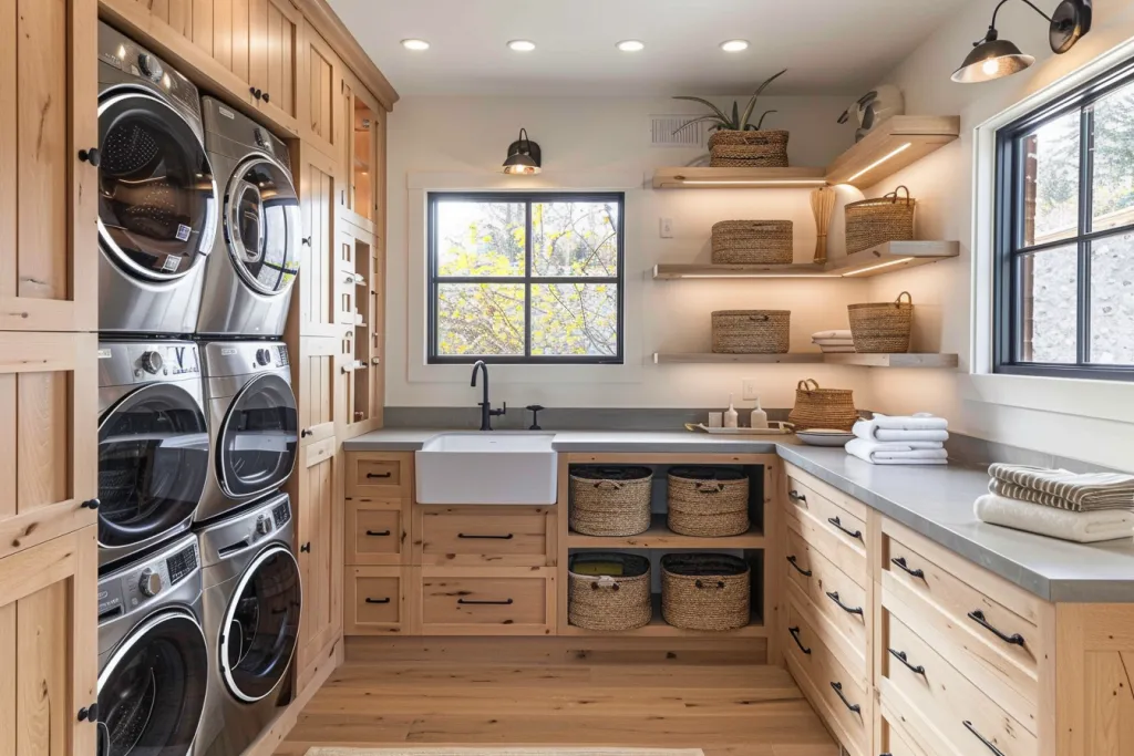 A modern farmhouse laundry room with wooden cabinets