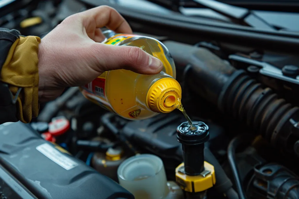 A person holding the bottle of brake fluid