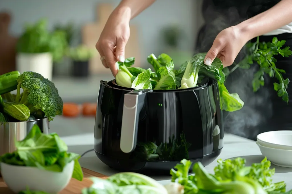 A person is using an air fryer to cook green vegetables