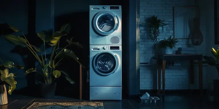A photo of a white washing machine and dryer stacked together