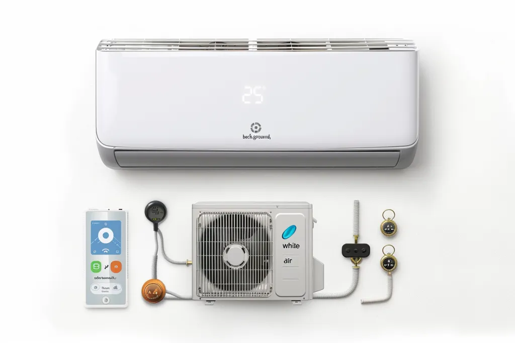 A photo of an air conditioner with all the accessories and smart home devices