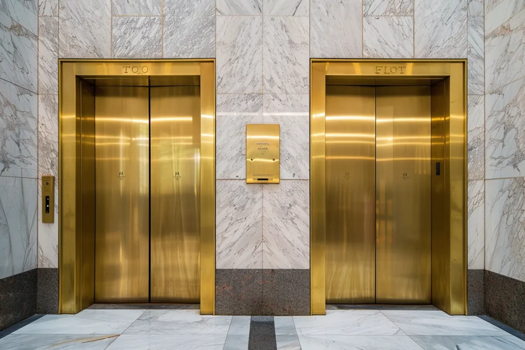 A photo of an elevator in the lobby of an office building