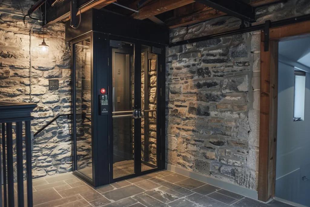 A photo of an elevator with glass doors