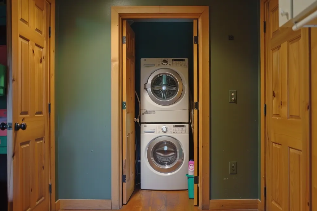 A photo of an entrance to the laundry room shows stackable washers and a dryer