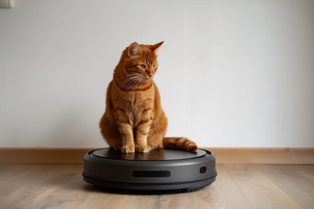 A photo of an orange cat sitting on top of the Roomba