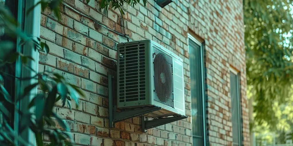 A photo of an outdoor heat pump mounted on the side wall of a brick house