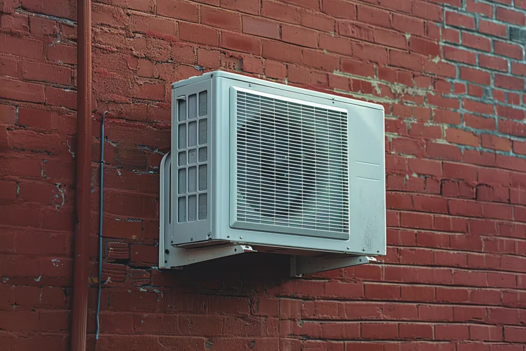 A photo of a heat pump  mounted on the side of a red brick wall