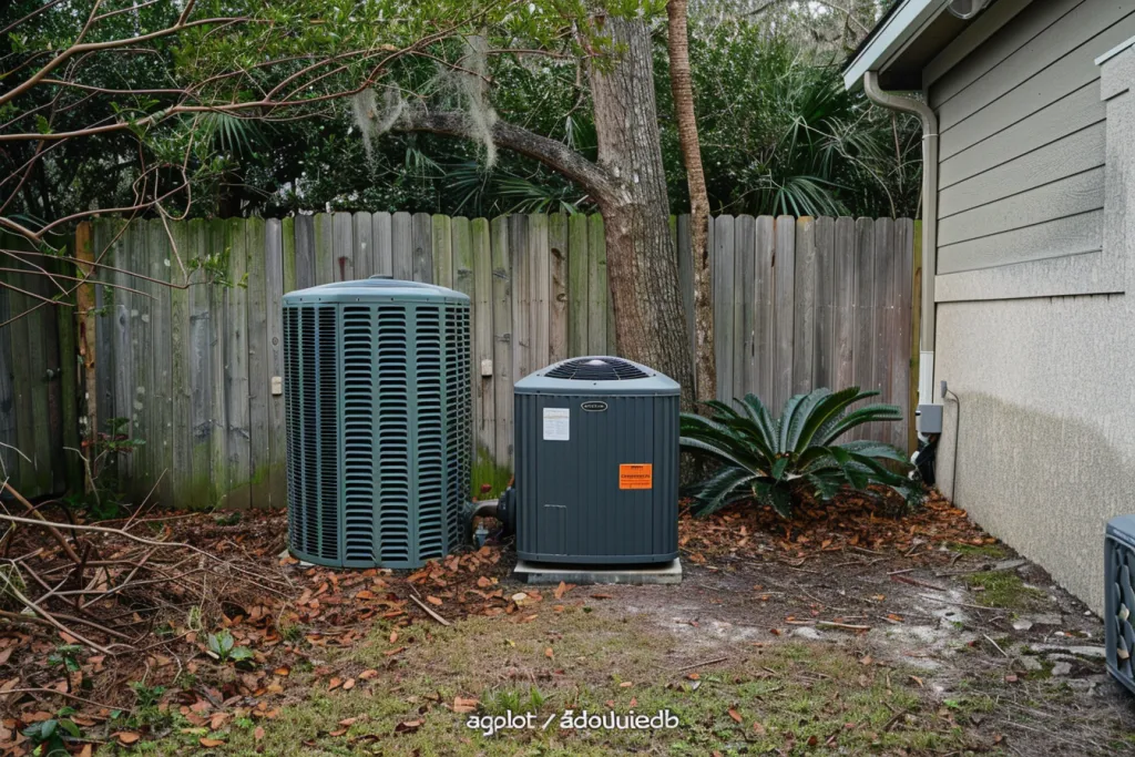 A photo of an outdoor air conditioner unit next to another one