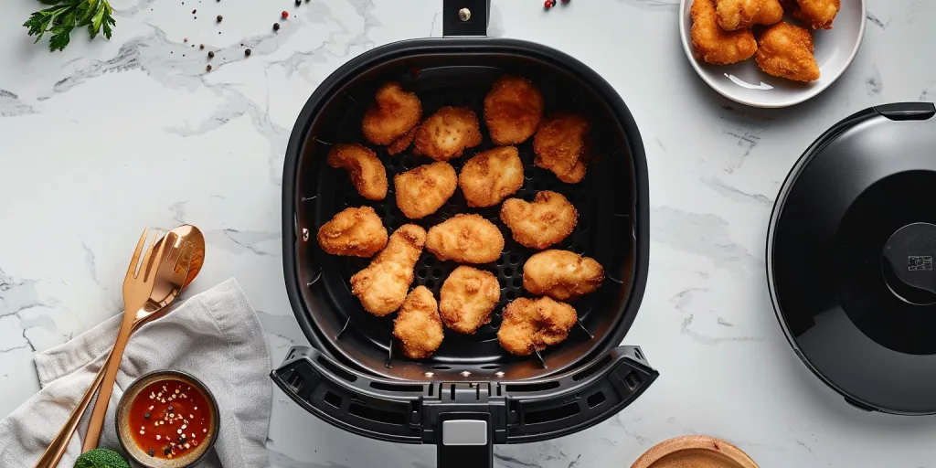 A photo of chicken nuggets being fried in an air fryer
