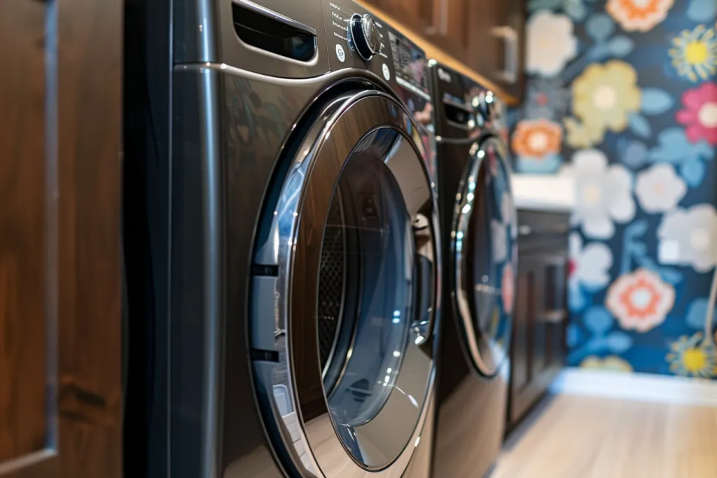 A photo of the front view of an all black high-end washing machine and dryer
