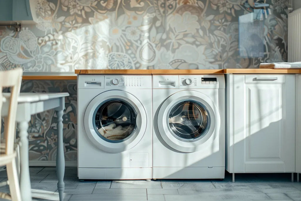 A photo of two white front loading washers and dryer