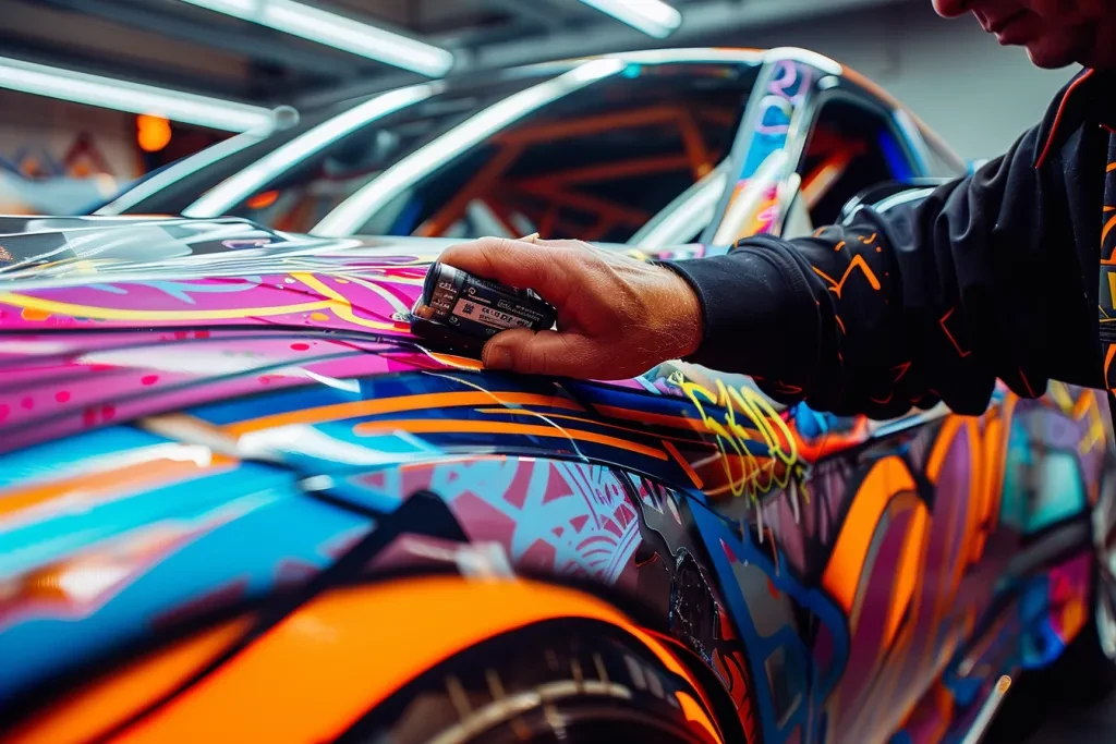 A photo shows an artist applying graffiti-style vinyl wrap