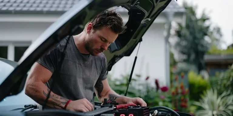 A photo shows an attractive man charging a car battery